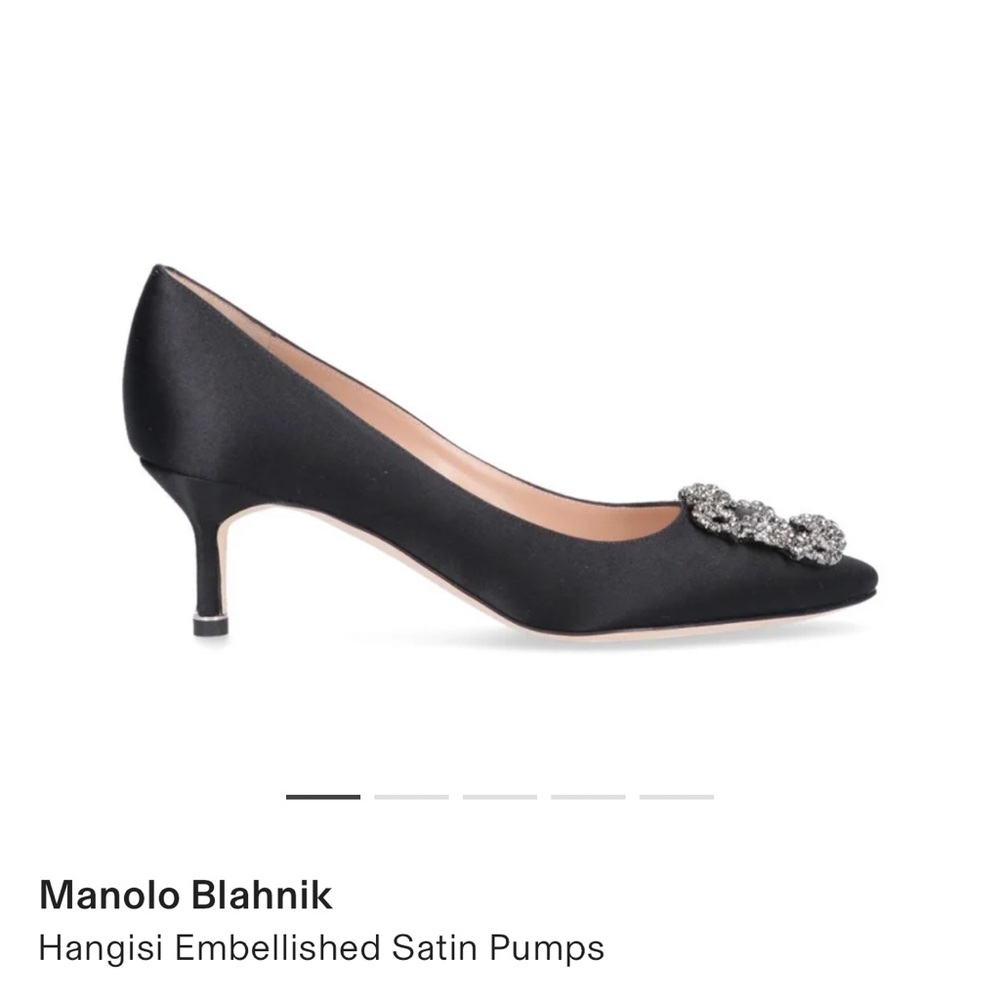 Black satin Hangisi pump heel measuring approximately 50mm / 2" high